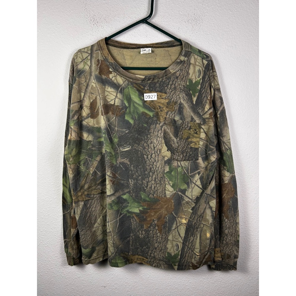 Trail Crest Mens Large Camo Long Sleeve Pocket T-Shirt Woodland Hunting Cotton